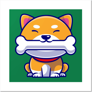 Cute Shiba Inu Dog Eating Bone Cartoon Posters and Art